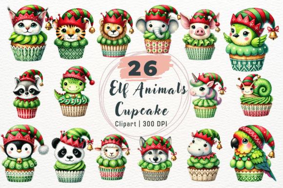 Elf Animals Christmas Cupcake Clipart for Creative Projects