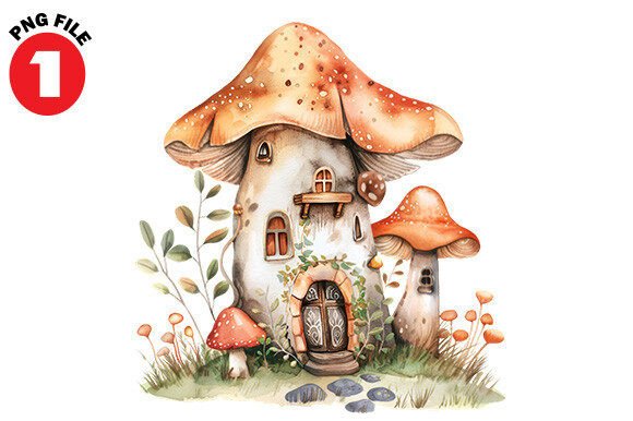 Fairy Mushroom House Watercolor Clipart