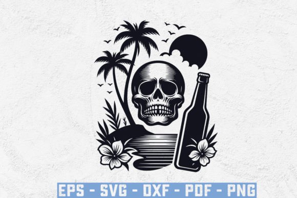 Skull Head with Beer Bootle and Beach: A Digital Art Fusion of Edge and Paradise