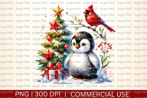 Watercolor Christmas Penguin, Cardinal