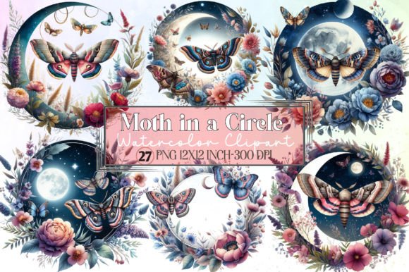 Watercolor Moth in a Circle Clipart: 27 Designs