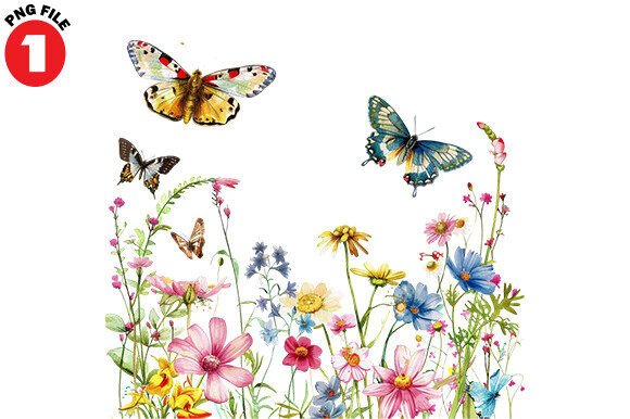 Wild Flowers, Butterflies & Dragonfly Digital Art