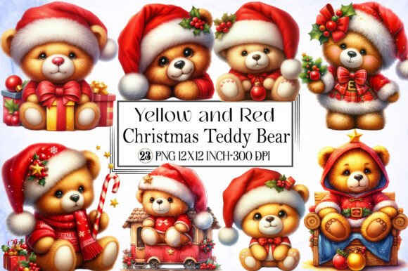 Yellow and Red Christmas Teddy Bear PNG Designs